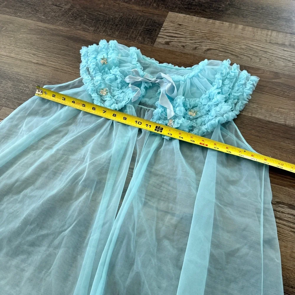 Vintage blue nylon sheer peignoir robe ruffled collar pinup lingerie - Picture 4 of 8